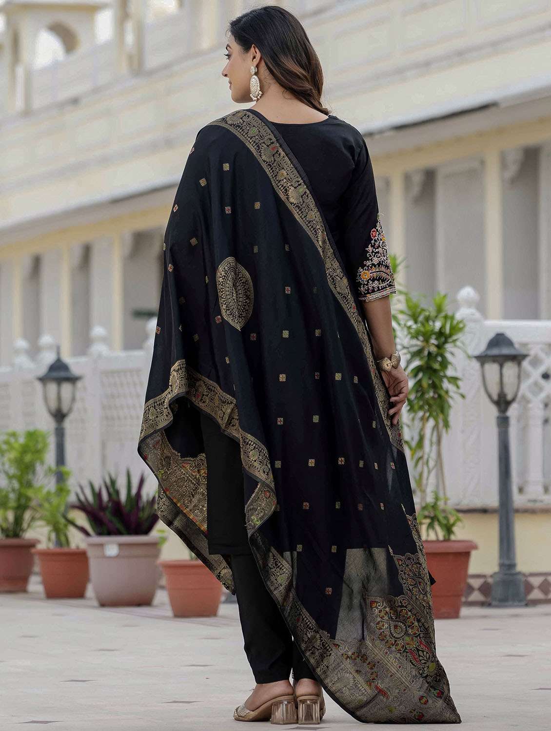 women solid with work three quarter sleeve kurta pant with dupatta set - 22379587 -  Standard Image - 8