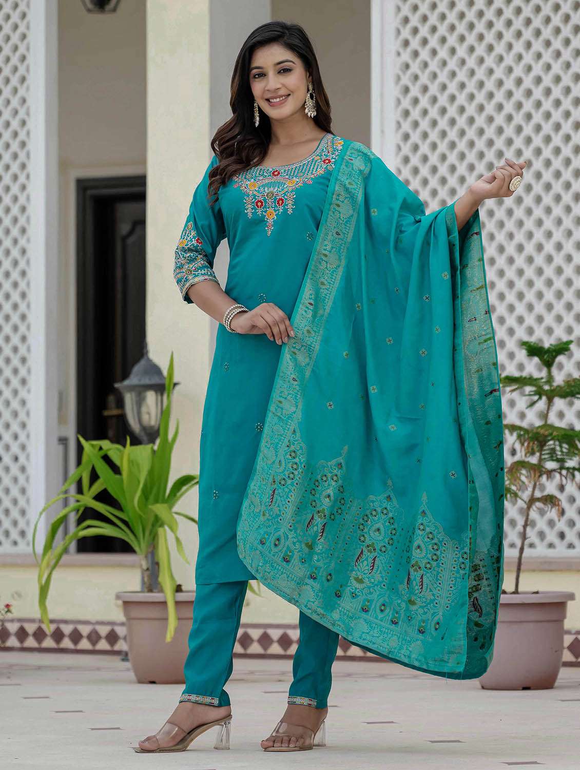 women solid with work three quarter sleeve kurta pant with dupatta set - 22379588 -  Standard Image - 3