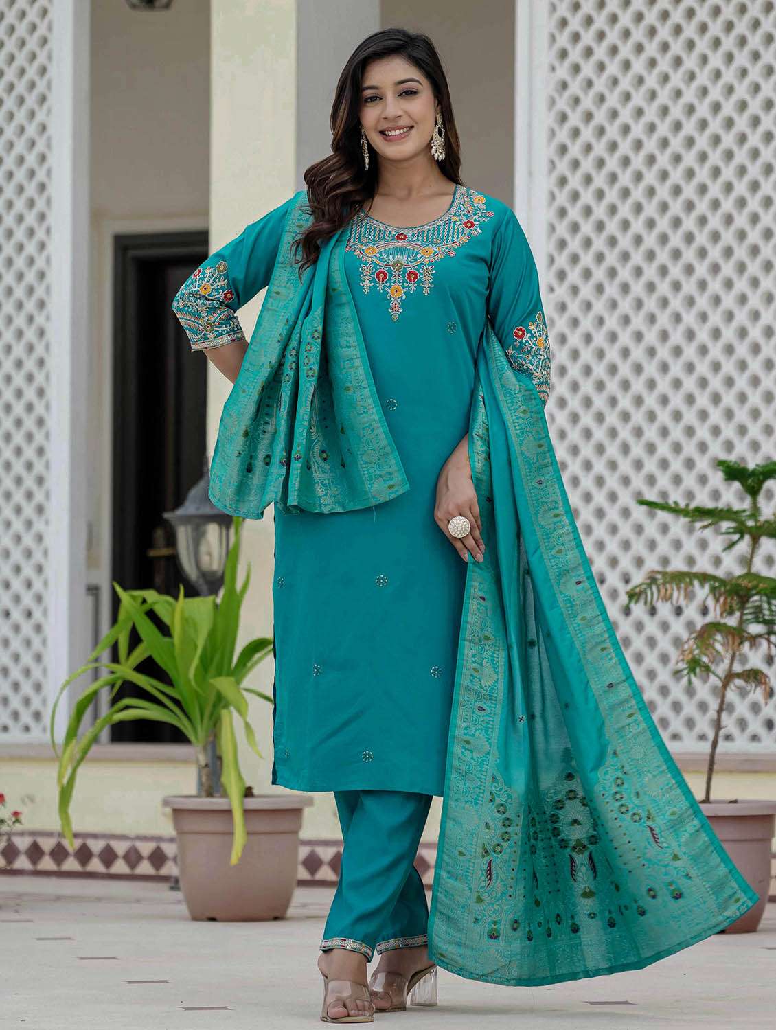 women solid with work three quarter sleeve kurta pant with dupatta set - 22379588 -  Standard Image - 5