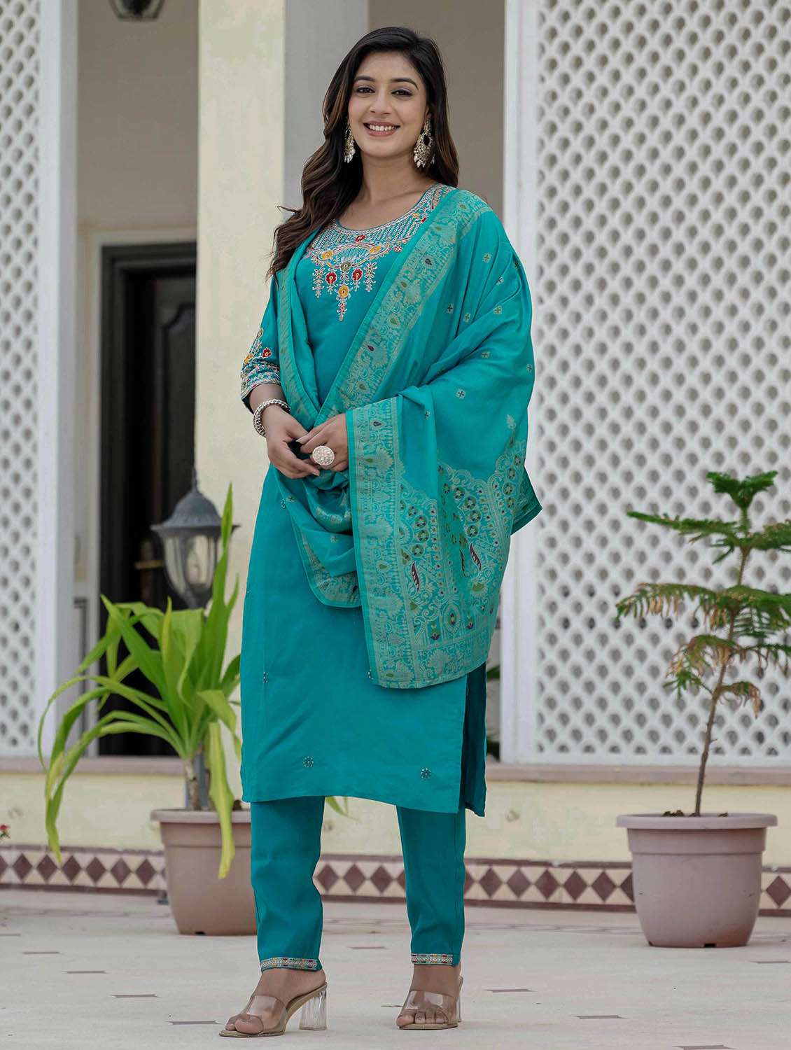 women solid with work three quarter sleeve kurta pant with dupatta set - 22379588 -  Standard Image - 8