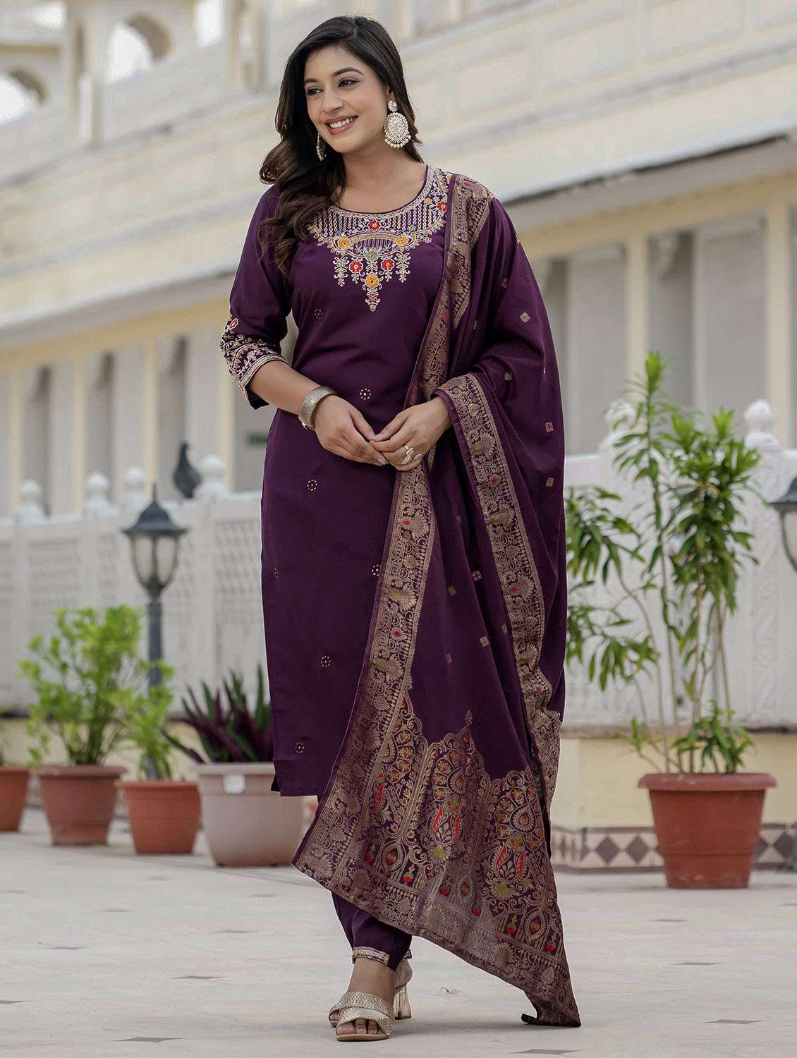 women solid with work three quarter sleeve kurta pant with dupatta set - 22379589 -  Standard Image - 8