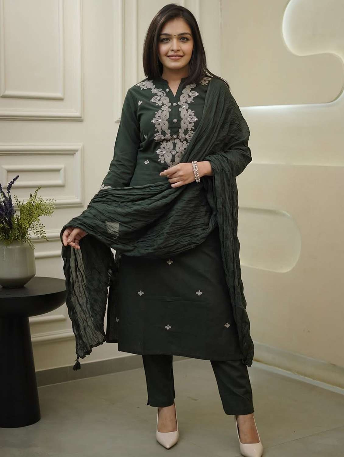 women solid with work three quarter sleeve kurta pant with dupatta set