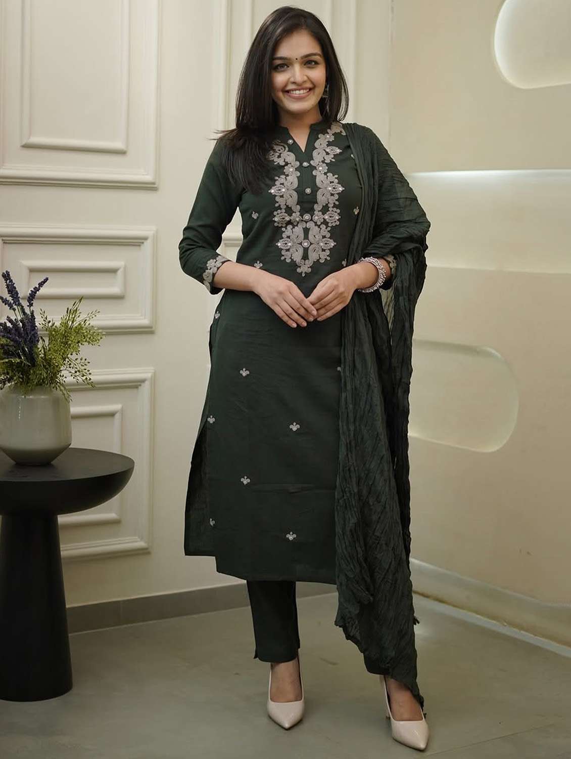 women solid with work three quarter sleeve kurta pant with dupatta set - 22379594 -  Standard Image - 3