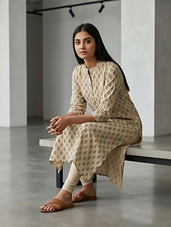 women printed three quarter sleeves a-line kurta