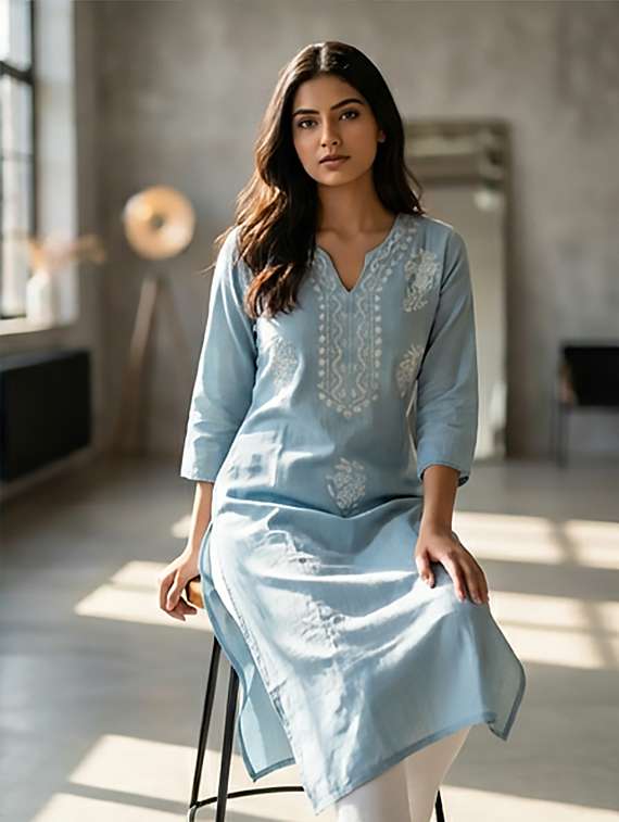 women embroidered three quarter sleeves straight kurta