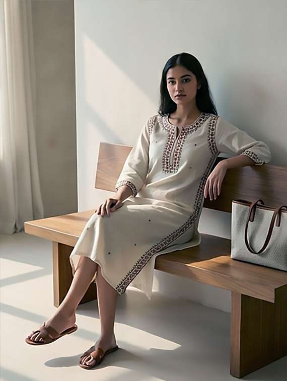 women embroidered three quarter sleeves straight kurta