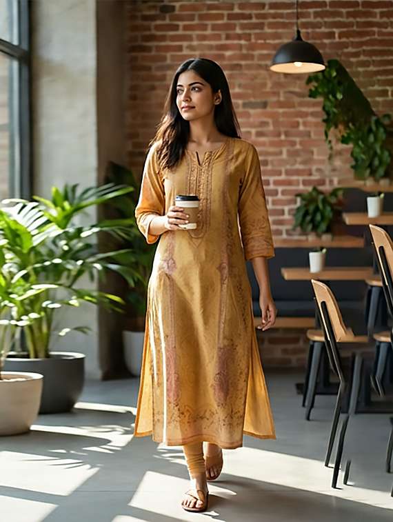 women printed three quarter sleeves straight kurta