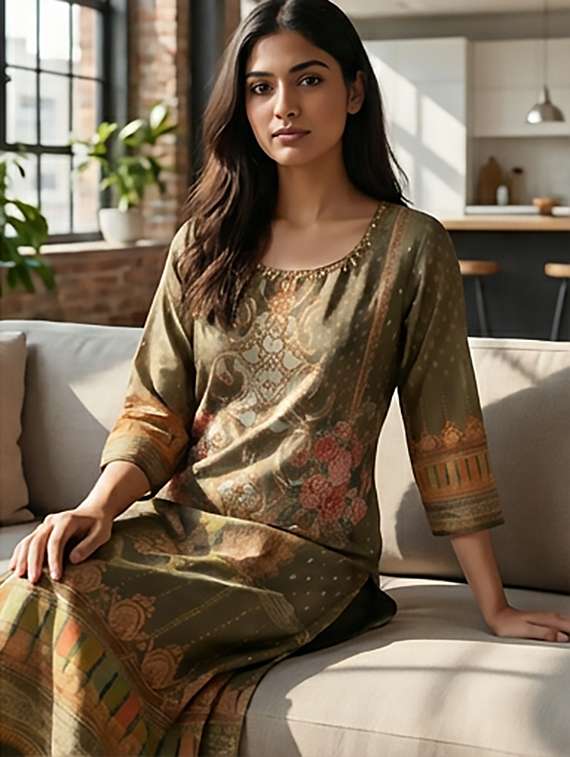 women printed three quarter sleeves straight kurta