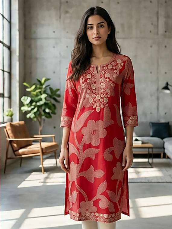 women printed three quarter sleeves straight kurta