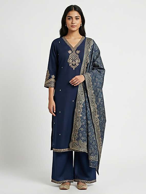 women embroidered three quarter sleeves kurta and palazzo set with dupatta