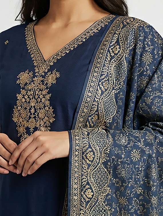 women embroidered three quarter sleeves kurta and palazzo set with dupatta - 22379743 -  Standard Image - 3