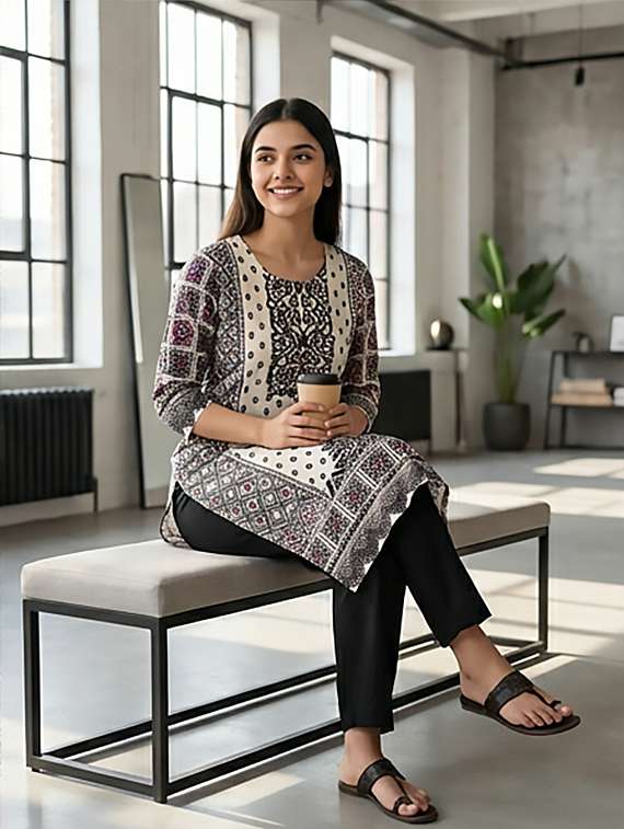 women printed three quarter sleeves kurta and pant set