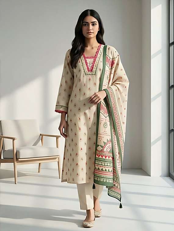 women printed three quarter sleeves kurta and pant set with dupatta