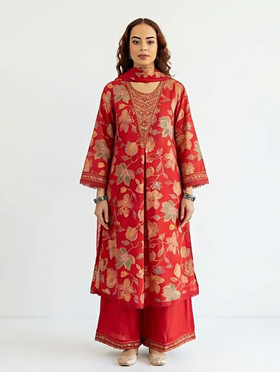 women printed three quarter sleeves kurta and palazzo set with dupatta - 22379767 -  Standard Image - 3