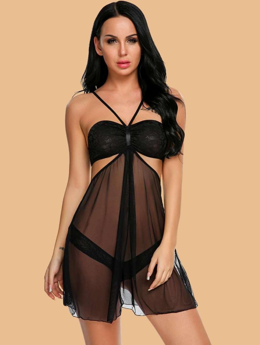 women self designed sleeveless lace babydoll