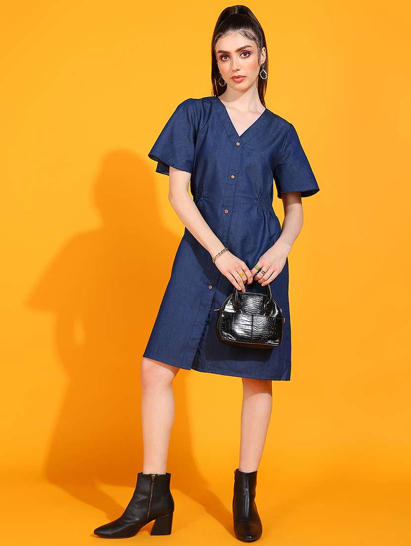 women soldi flared sleeve denim a-line dress