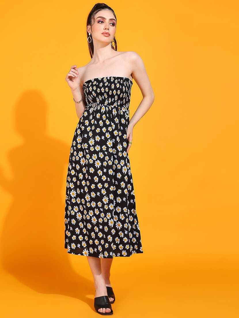 women floral print strapless tube a-line dress