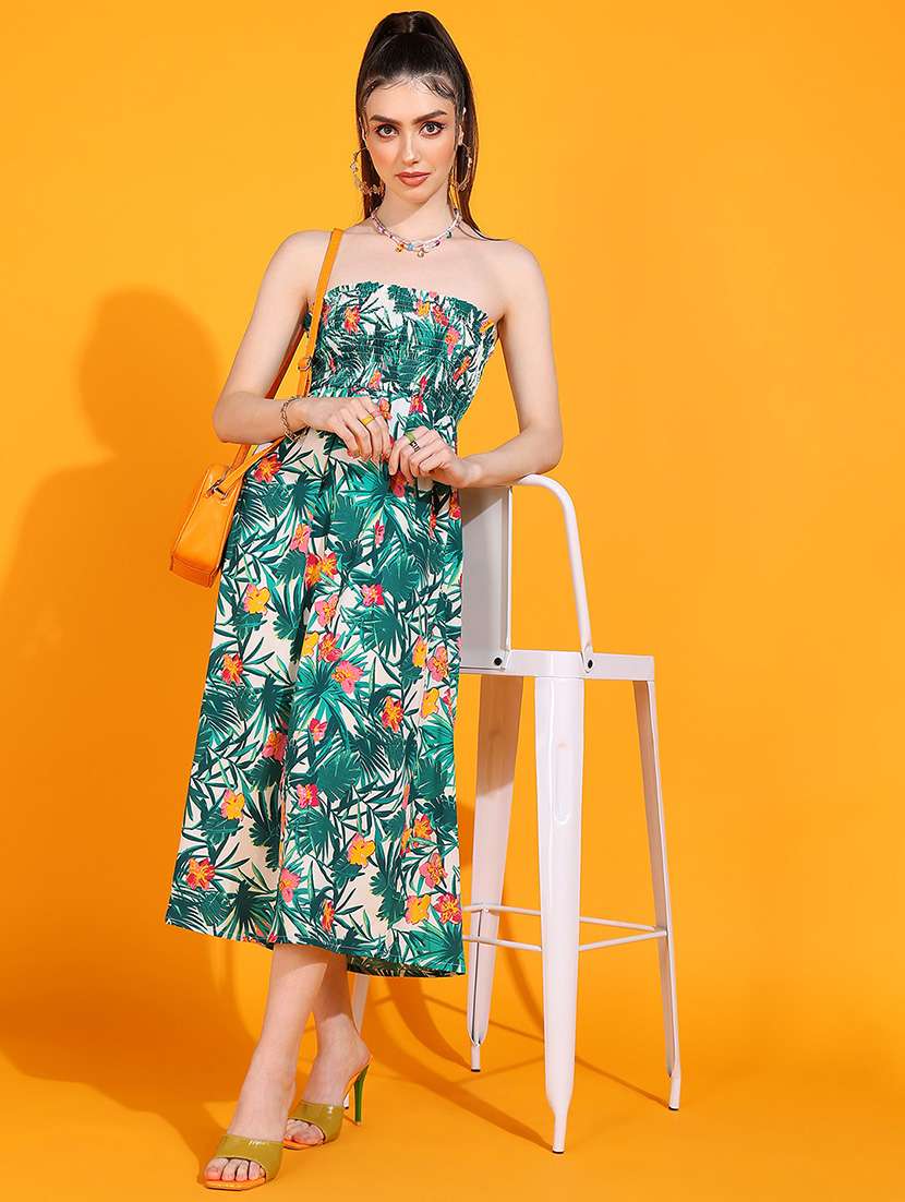 women tropical print strapless tube a-line dress