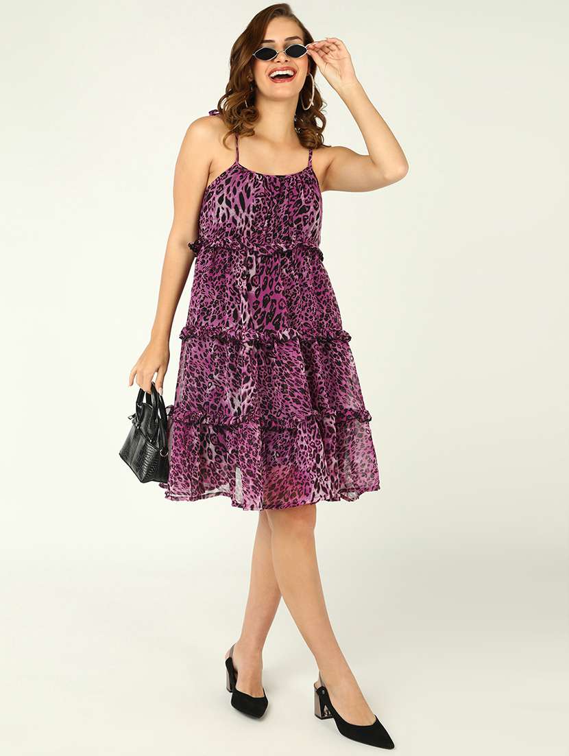 women animal print shoulder strap tiered dress
