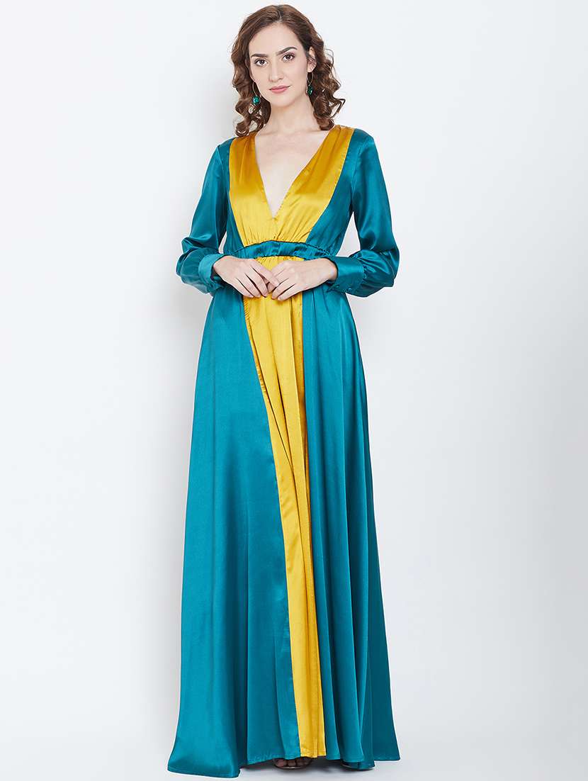 women color blocked long sleeve flared dress
