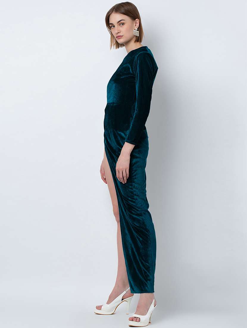 women solid long sleeve high slit dress - 22380012 -  Standard Image - 3