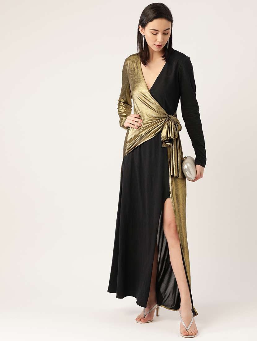 women color blocked long sleeve wrap dress