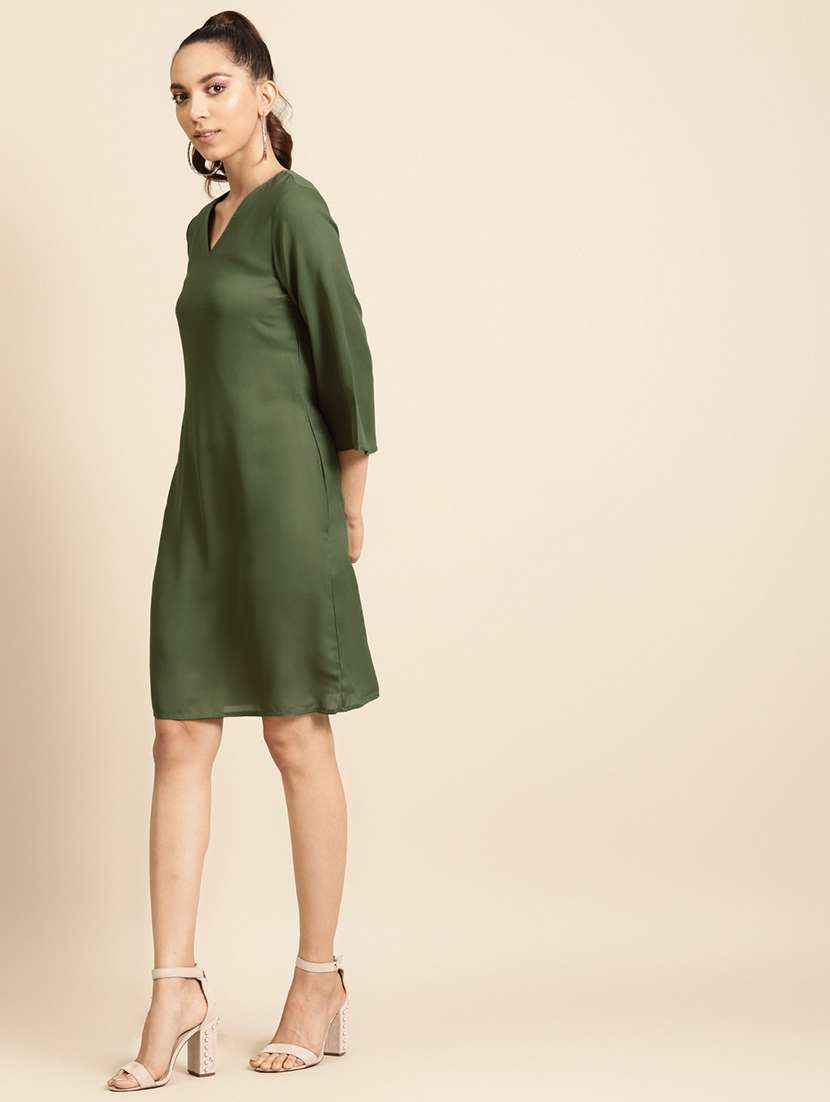women solid three quarter sleeve a-line dress - 22380048 -  Standard Image - 3