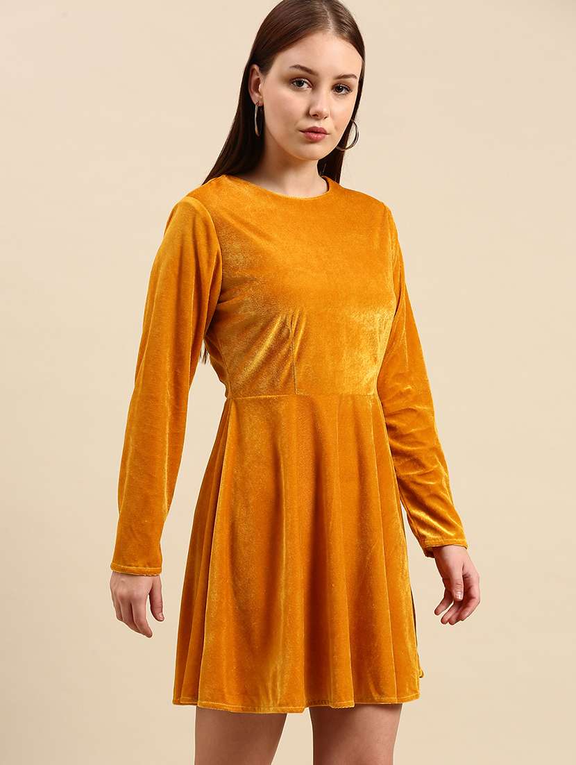 women solid long sleeve a-line dress