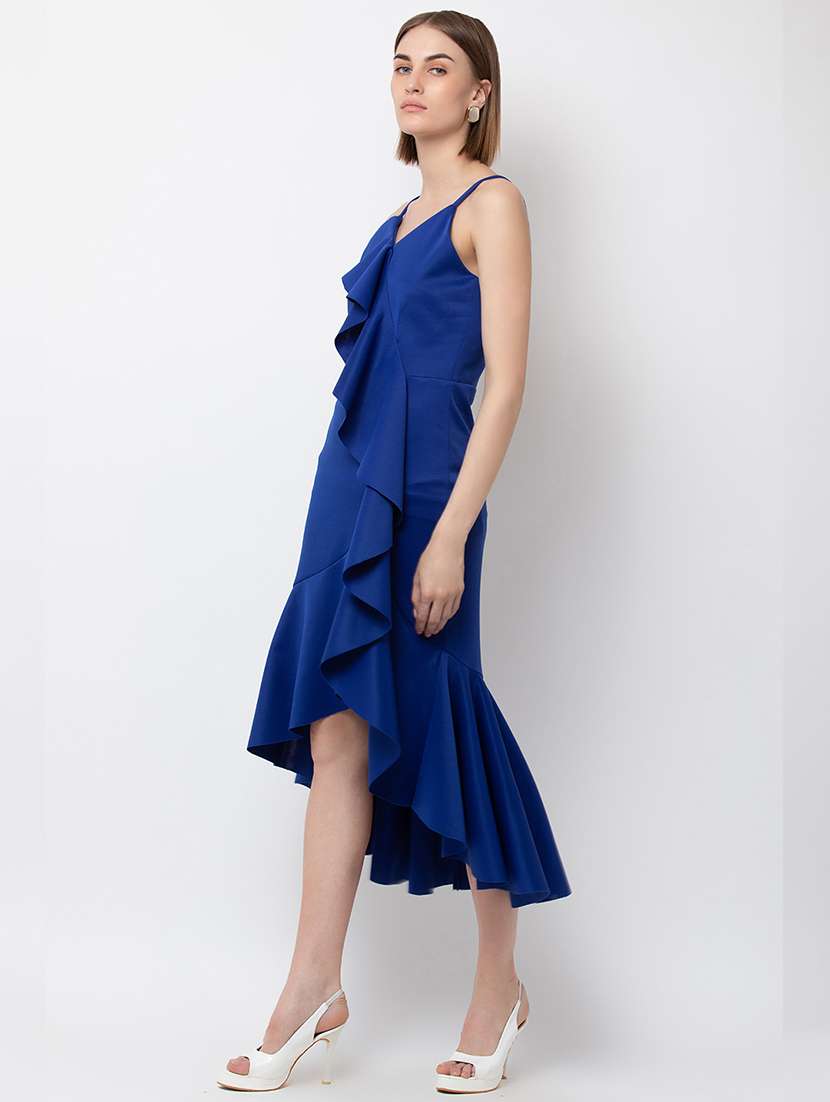 women solid shoulder strap asymmetric dress - 22380121 -  Standard Image - 3