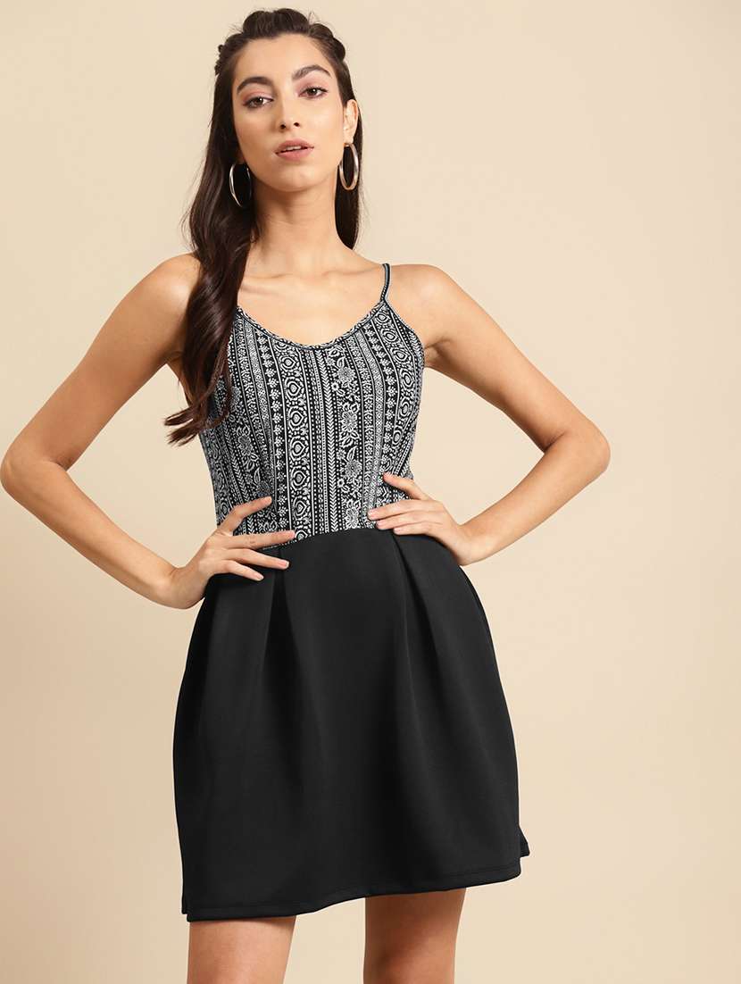 women printed shoulder strap a-line dress