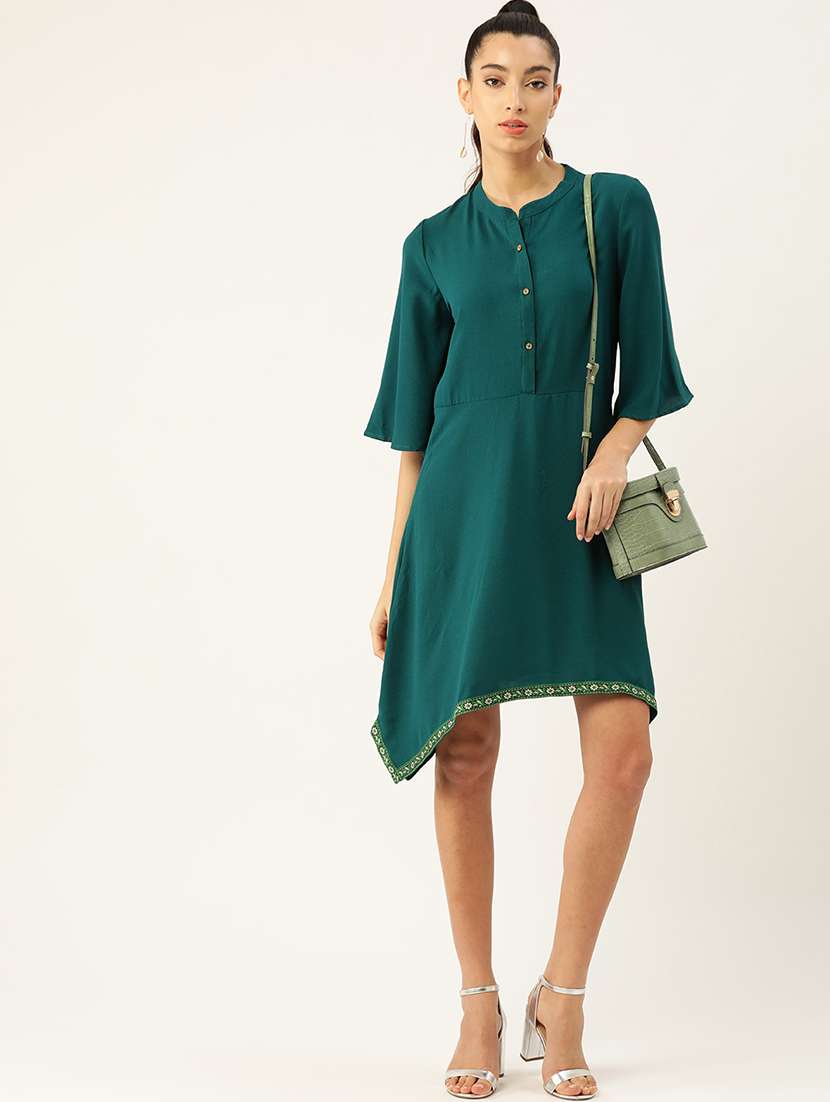 women solid bell sleeve asymmetric dress