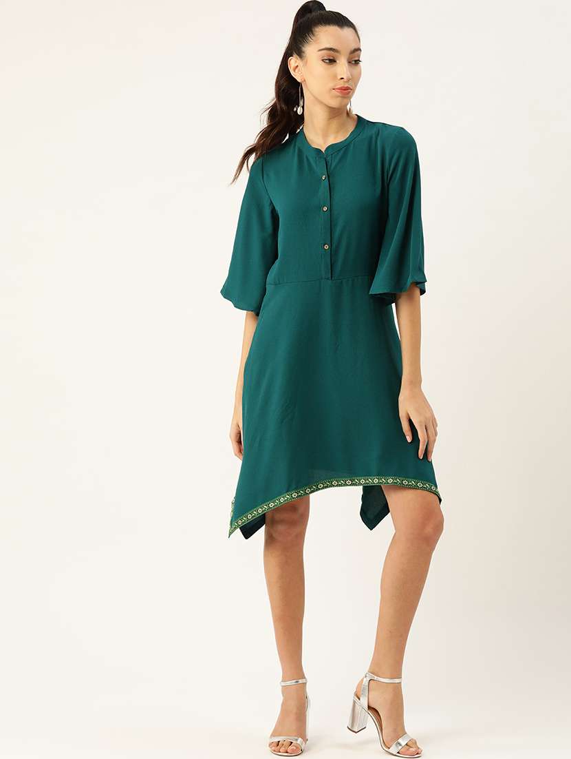 women solid bell sleeve asymmetric dress - 22380152 -  Standard Image - 3