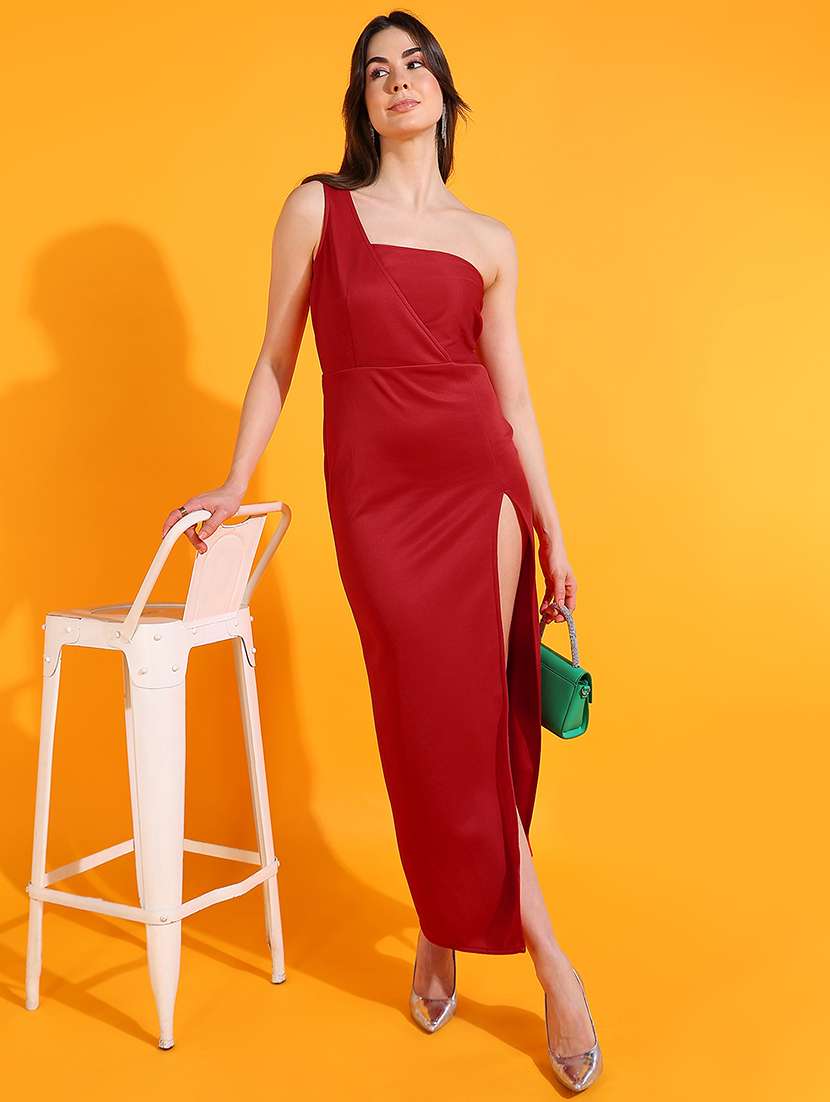women solid single shoulder high slit a-line dress