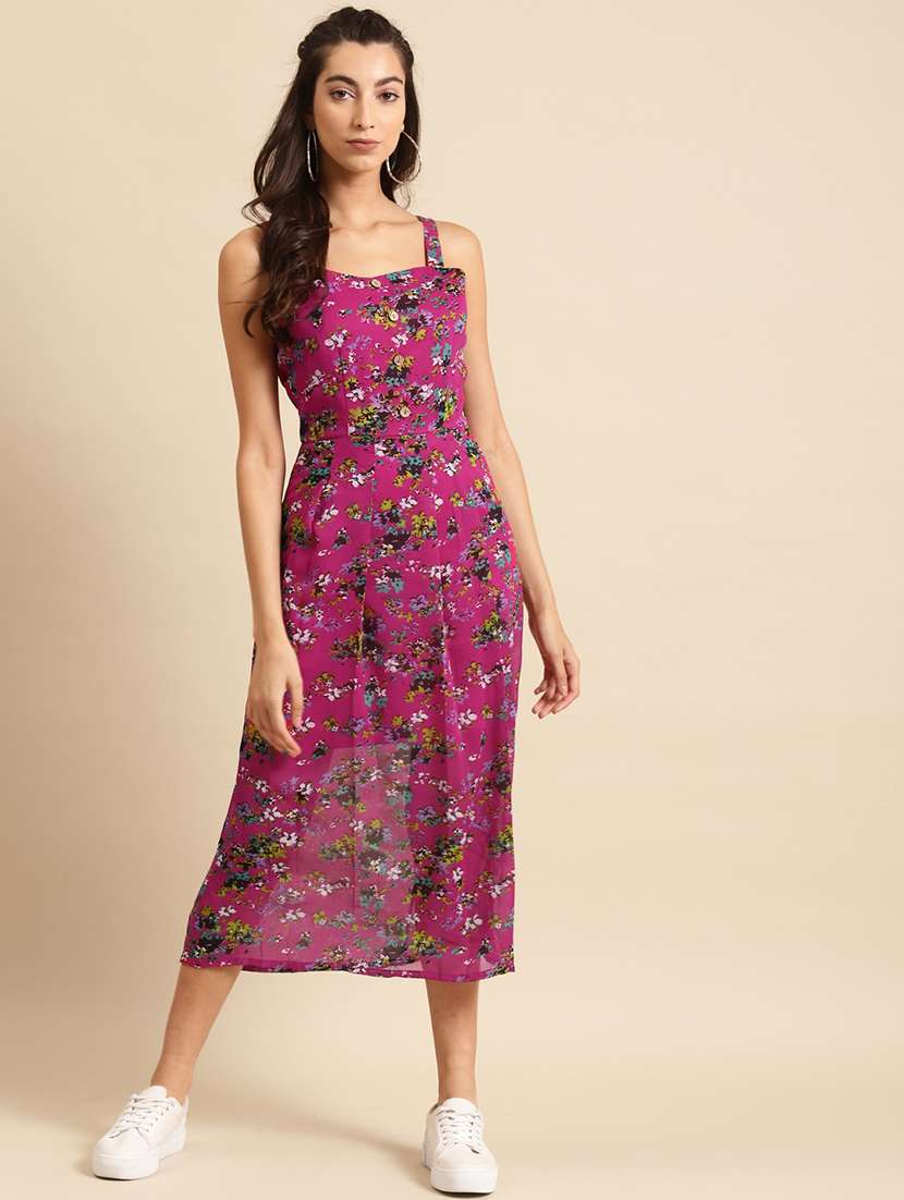 women floral print shoulder strap a-line dress