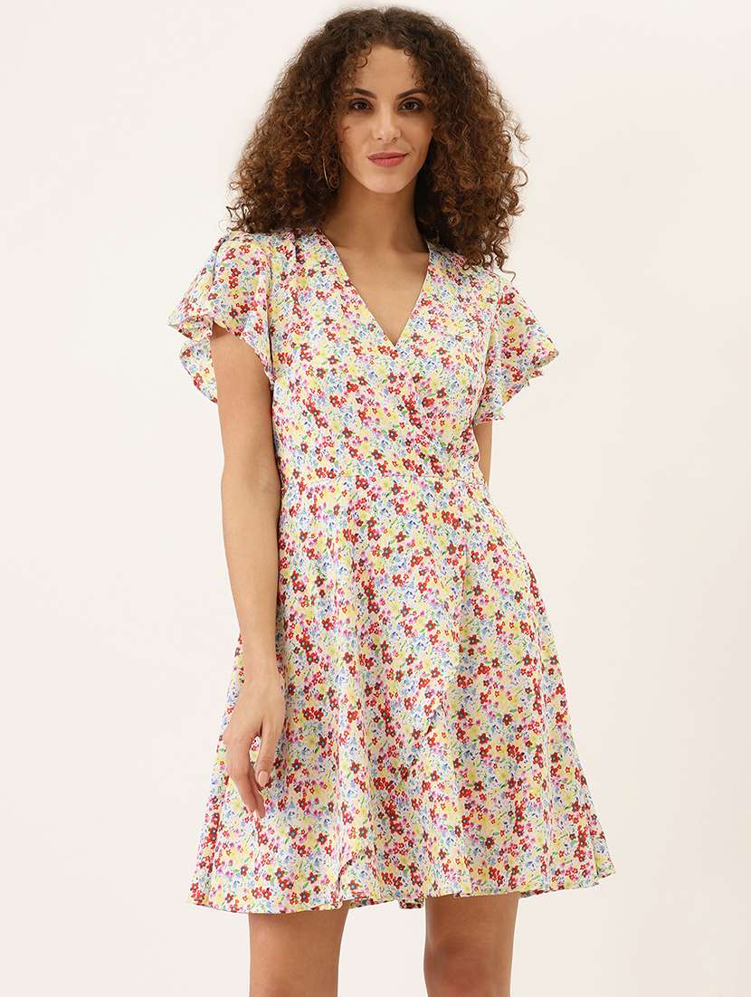 women floral print flared sleeve a-line dress