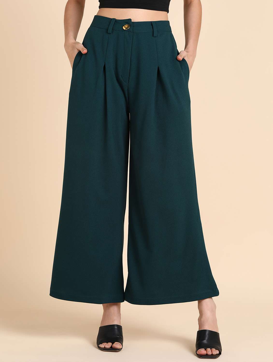 women solid high rise wide leg trouser