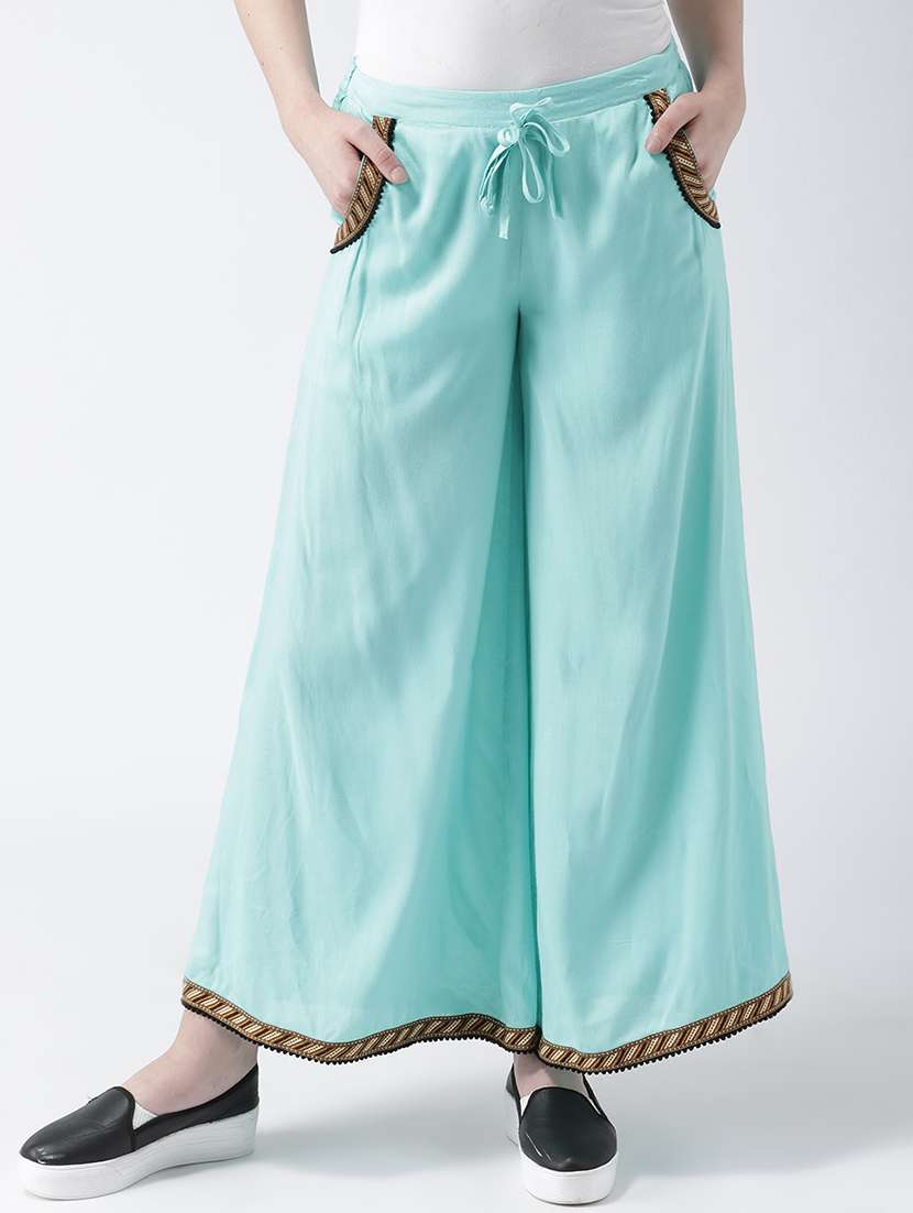 women solid mid rise flared palazzo