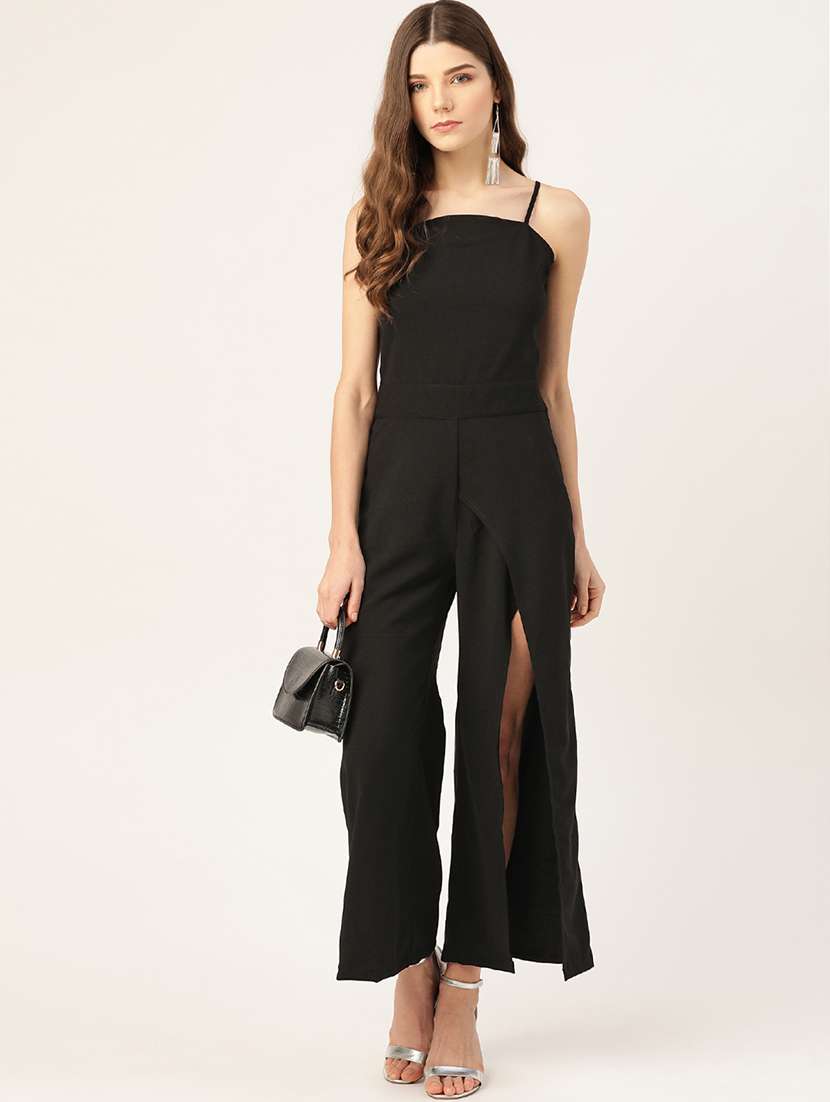 women solid shoulder strap jumpsuit