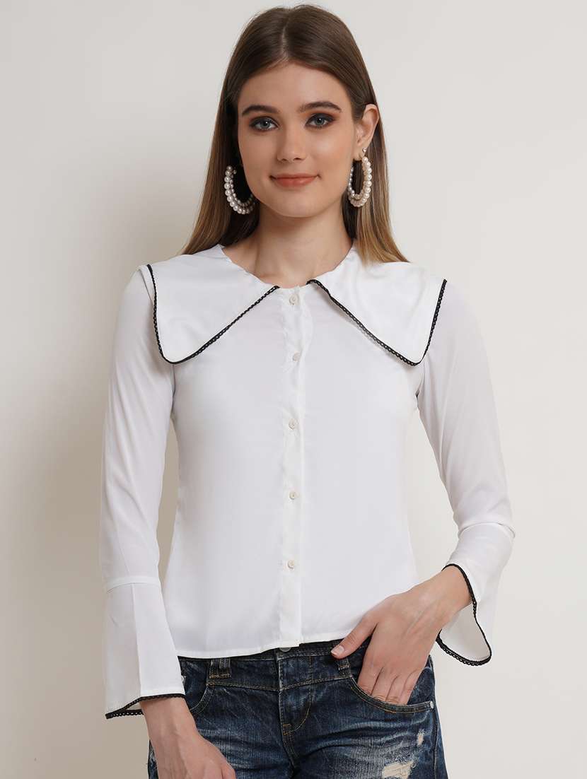 women solid collared bell sleeve  top