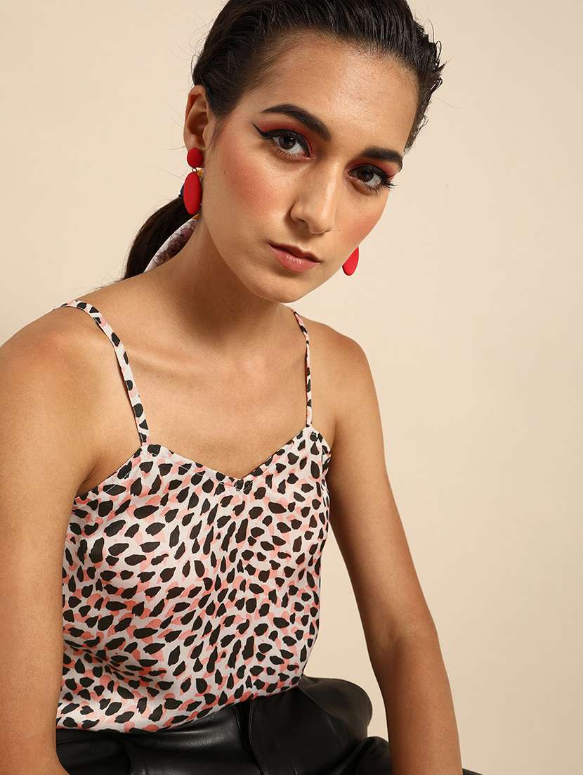 women animal print shoulder strap top