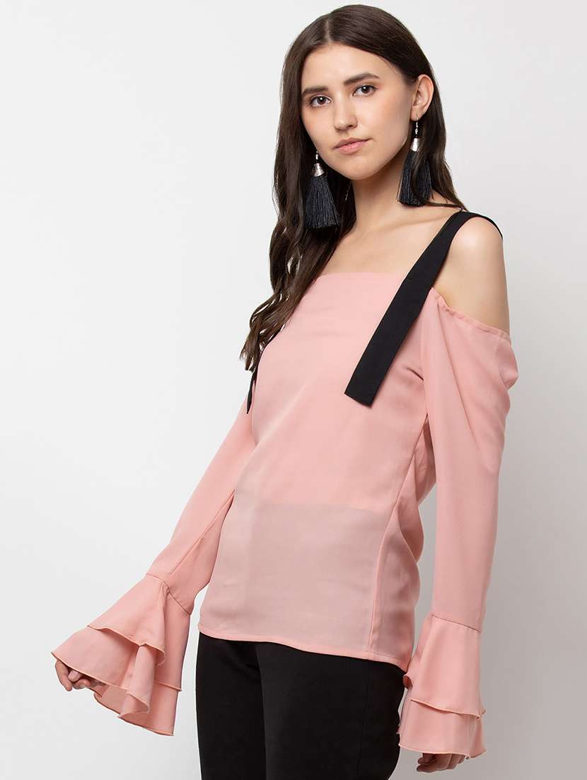 women solid bell sleeve straight top