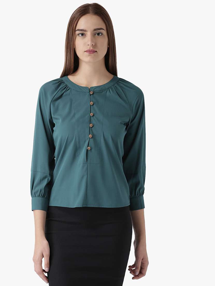 women solid three quarter sleeve regular top