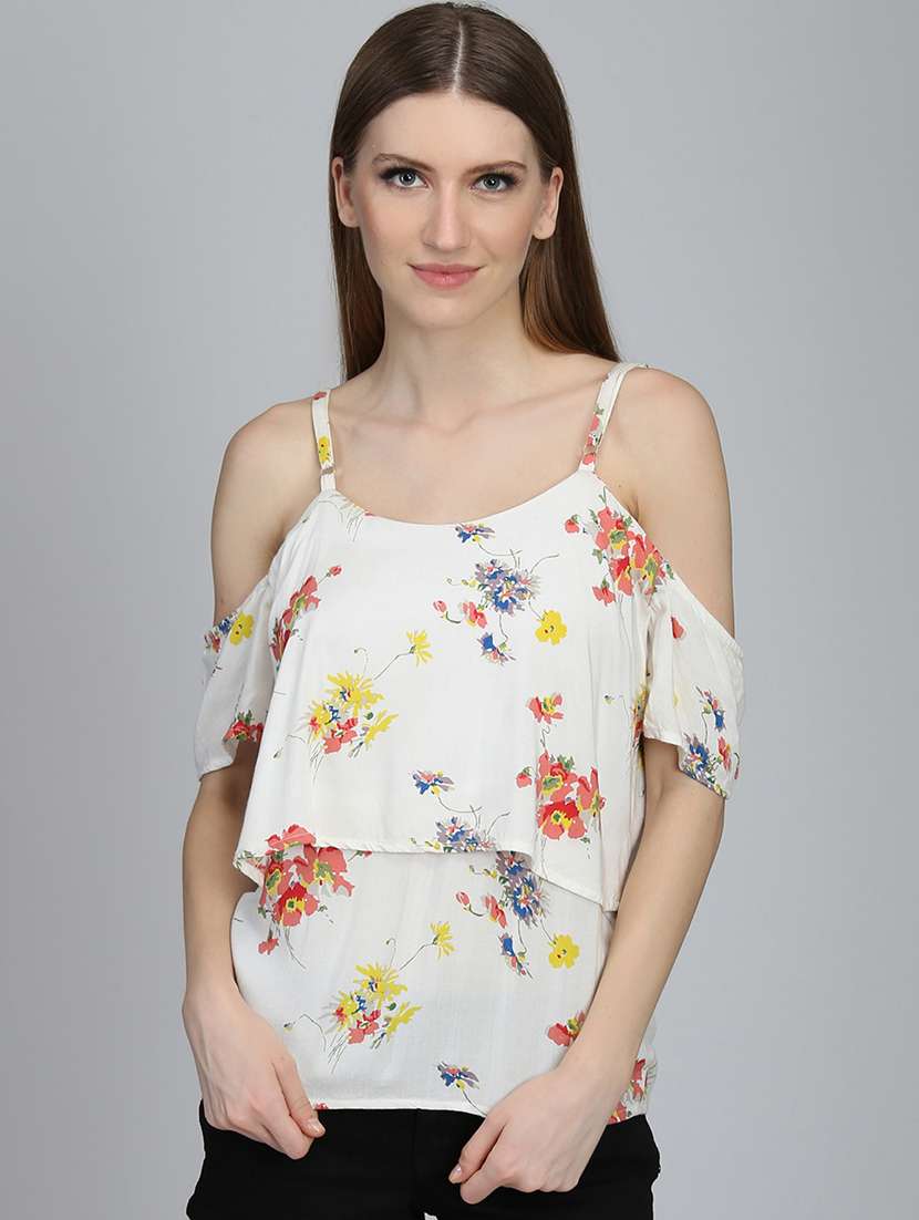 women floral print cold shoulder top