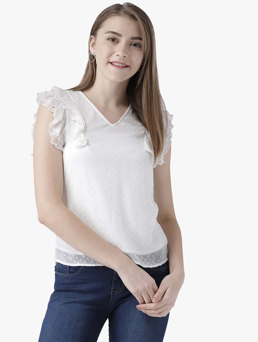 women solid ruffle sleeve straight top