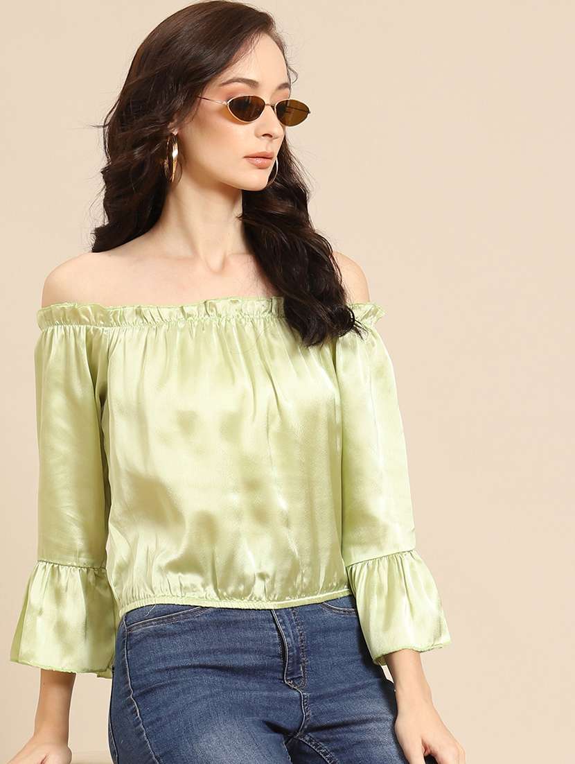 women solid off shoulder bell sleeve blouson top