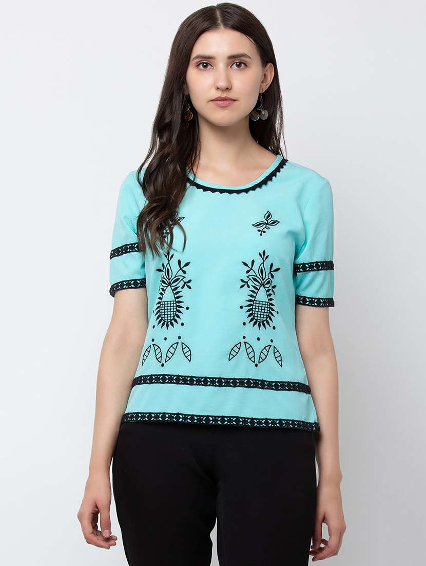 women embroidered short sleeve straight top