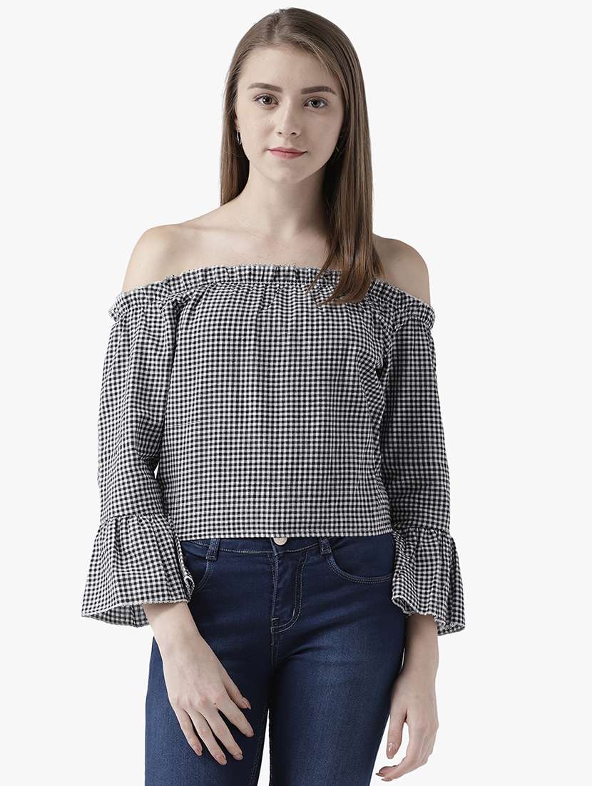 women checkered off shoulder bell sleeve top