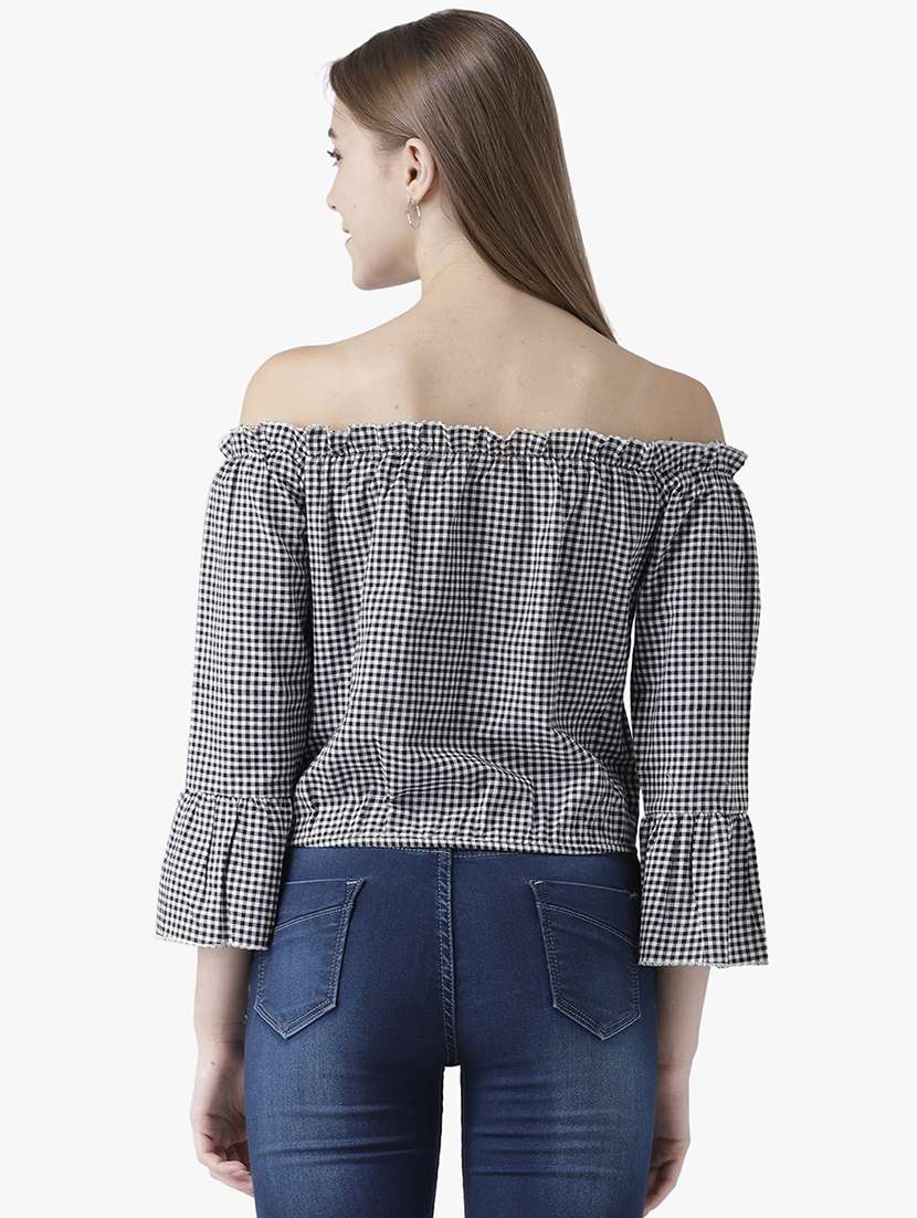 women checkered off shoulder bell sleeve top - 22380902 -  Standard Image - 3