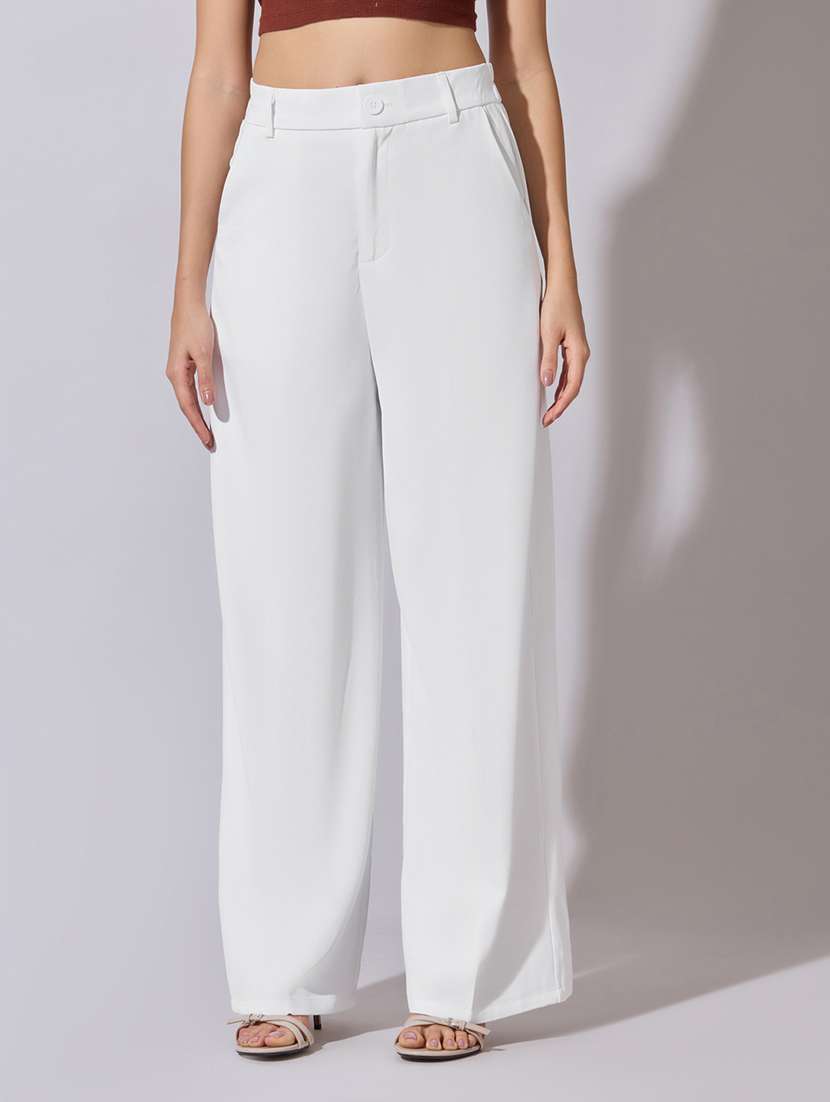 women solid high rise wide leg trouser