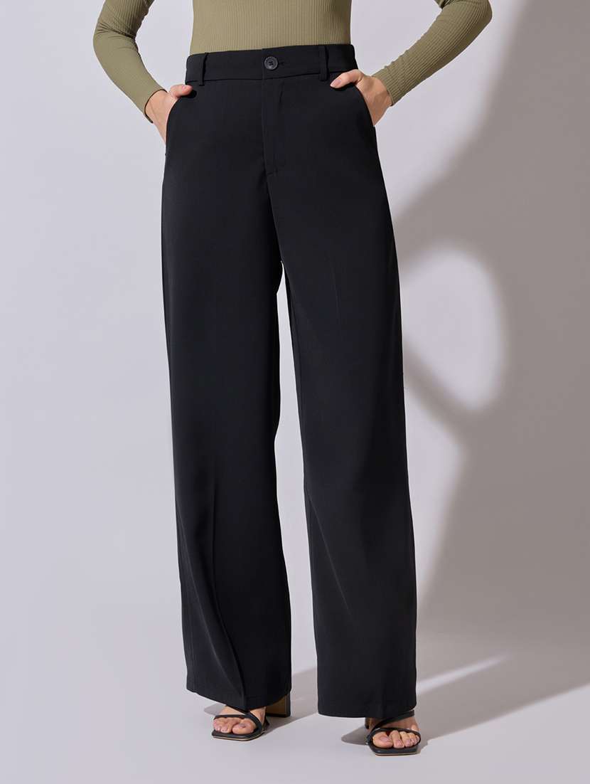 women solid high rise wide leg trouser